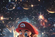 A dreamlike Mario Galaxy Wallpaper showing Mario surrounded by dancing star bits and moons.