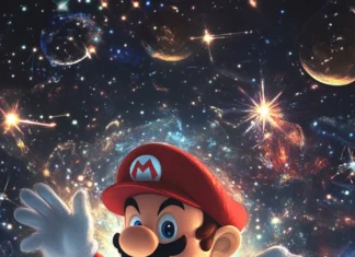 A dreamlike Mario Galaxy Wallpaper showing Mario surrounded by dancing star bits and moons.