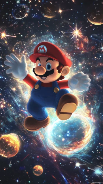 A dreamlike Mario Galaxy Wallpaper showing Mario surrounded by dancing star bits and moons.