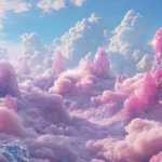 A dreamlike landscape where clouds are made of cotton candy and mountains are jeweled, a sweet trippy vision.