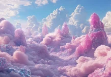 A dreamlike landscape where clouds are made of cotton candy and mountains are jeweled, a sweet trippy vision.