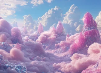 A dreamlike landscape where clouds are made of cotton candy and mountains are jeweled, a sweet trippy vision.