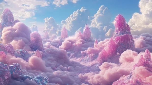 A dreamlike landscape where clouds are made of cotton candy and mountains are jeweled, a sweet trippy vision.