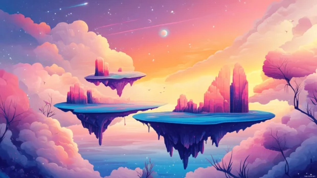 A dreamlike landscape with floating islands and retro futurism, a stunning Vintage Trippy Wallpaper.