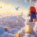 A dreamy Mario moment with clouds shaped like coins and cartoon birds flying by.
