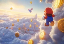 A dreamy Mario moment with clouds shaped like coins and cartoon birds flying by.