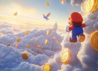A dreamy Mario moment with clouds shaped like coins and cartoon birds flying by.
