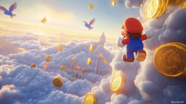 A dreamy Mario moment with clouds shaped like coins and cartoon birds flying by.