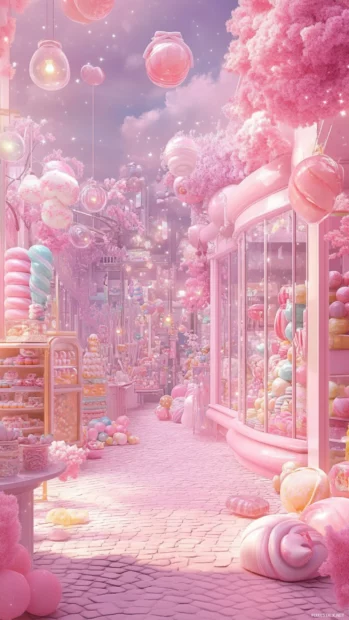 A dreamy candy shop illustrated softly in pink wallpapers for girls background.