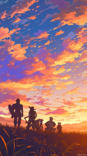 A dreamy cartoon wallpaper with iconic heroes gathering at sunset.