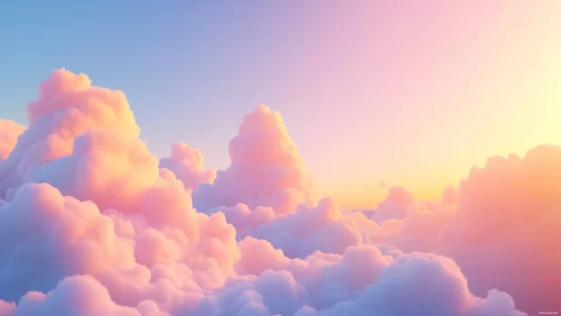 A dreamy cloudscape with fluffy clouds painted in warm pastel tones, floating peacefully in a vast sky.
