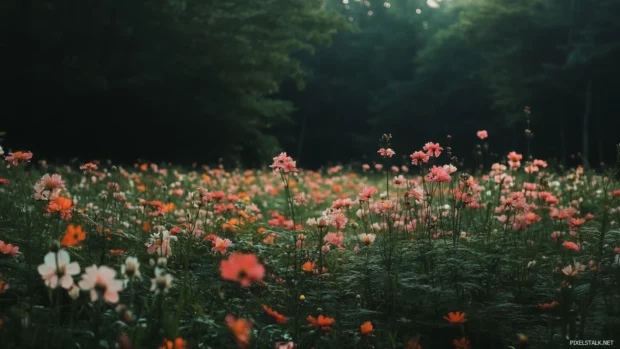 A dreamy field of flowers, perfect for Colorful pretty laptop wallpaper, nestled between lush green forests.