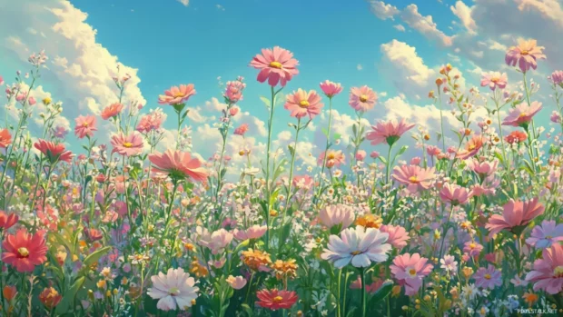 A dreamy field of flowers, perfect for Pastel pretty laptop background, swaying gently in a spring breeze.