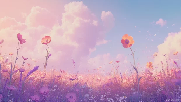 A dreamy field of flowers, perfect for Pretty aesthetic laptop wallpaper, under a serene pastel sky.