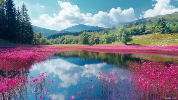 A dreamy field of flowers, perfect for Pretty pink laptop wallpaper, reflected in a crystal clear lake.