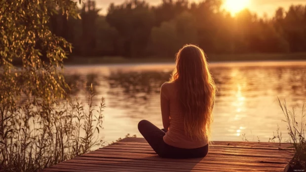 A dreamy girl sitting on a wooden dock overlooking a peaceful lake at sunset, warm and soft colors.