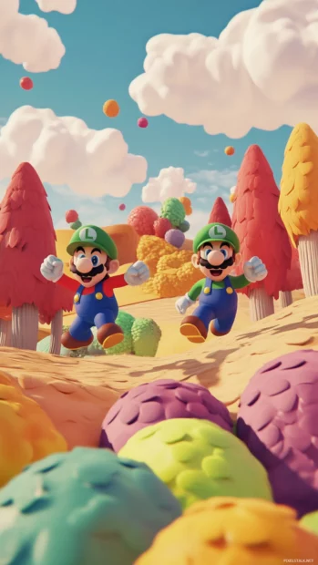 A dreamy iPhone style Mario and Luigi Wallpaper with the two running through candy colored hills.