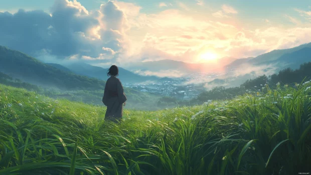 A dreamy landscape with an anime girl 4k wallpaper for MacBook glowing in soft lighting.