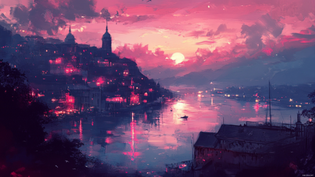 A dreamy pink cityscape glowing under twilight, designed for those searching romantic aesthetic pink PC Wallpapers.
