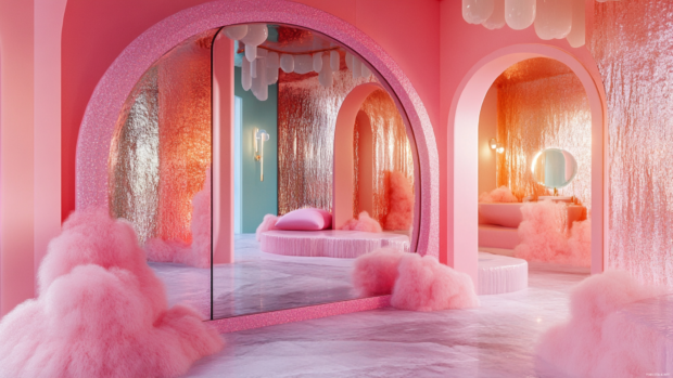 A dreamy pink mirror reflecting a magical interior.