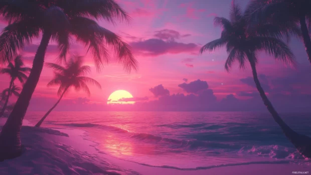 A dreamy synthwave beach with glowing waves, neon lit palm trees, and a gradient sunset sky.