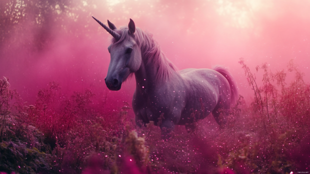 A dreamy unicorn surrounded by sparkly pink mist.