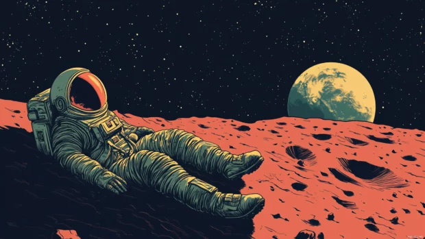 A dreamy vision of an astronaut resting on the moon, Earth rising in the distance.
