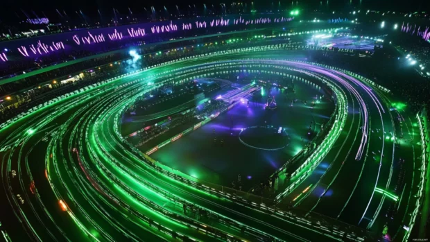 A drone racing arena filled with laser trails and cheering holograms.