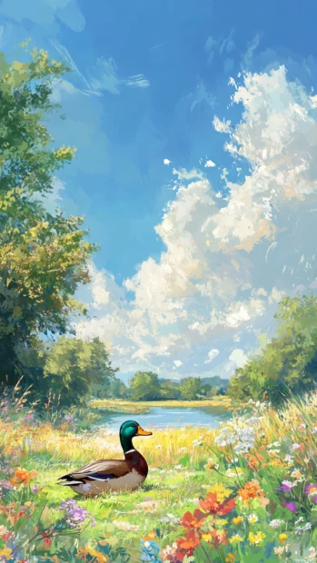 A duck basks in the sunshine near a wildflower field and open blue sky.