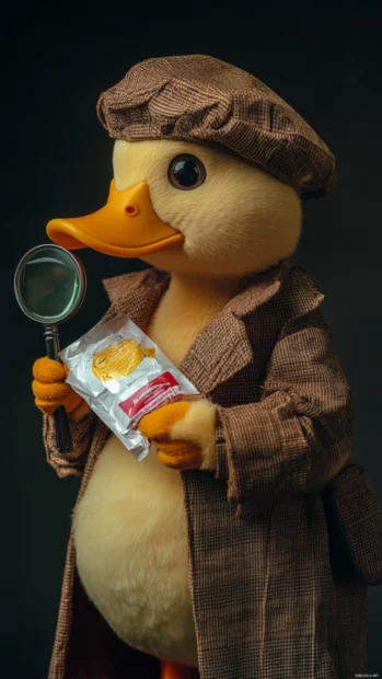 A duck dressed as a detective holds a magnifying glass over a candy wrapper.
