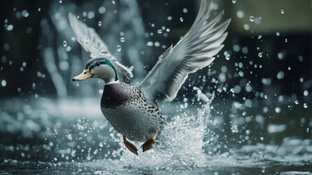 A duck flaps its wings wide while water droplets scatter midair.