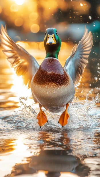 A duck flaps joyfully in the water as reflections scatter light upward.