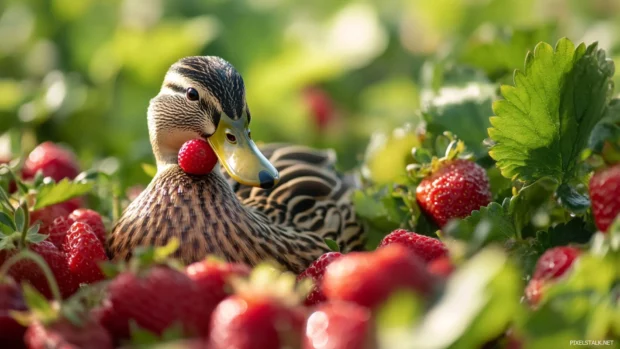 A duck hides among strawberries with a berry perched on its beak playfully.