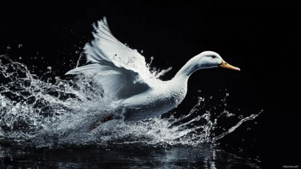 A duck lifts off from the water creating a splash trail behind.