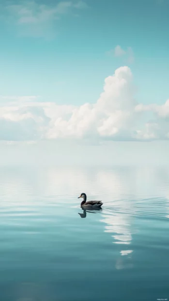 A duck paddles across a vertical frame of calm water under bright sky.