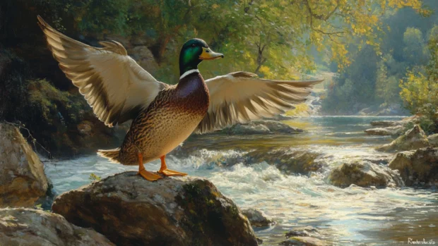 A duck stretches its wings while standing on a stone at the edge of a flowing river.