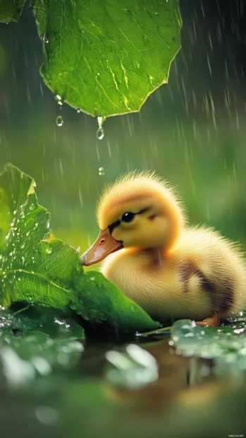 A duckling rests beneath a leaf as light rain begins to fall.