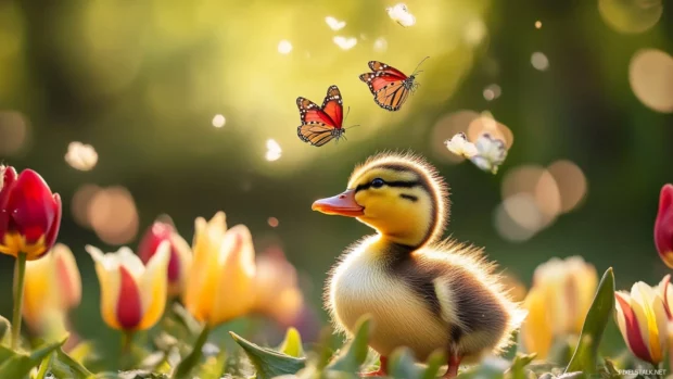 A duckling sits in a garden of tulips with butterflies landing gently on its head.