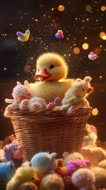 A duckling tumbles gently into a basket of plush toys surrounded by sparkles.