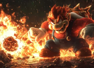 A dynamic Mario Bros Desktop Wallpaper with Bowser attacking and the Bros countering with fireballs.
