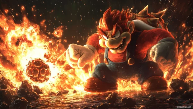 A dynamic Mario Bros Desktop Wallpaper with Bowser attacking and the Bros countering with fireballs.