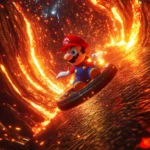 A dynamic moment of Mario blasting through a lava loop in an underground Mario Kart circuit.