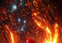 A dynamic moment of Mario blasting through a lava loop in an underground Mario Kart circuit.