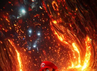 A dynamic moment of Mario blasting through a lava loop in an underground Mario Kart circuit.