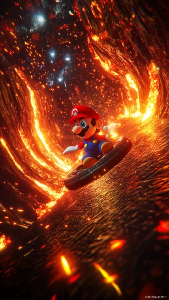 A dynamic moment of Mario blasting through a lava loop in an underground Mario Kart circuit.