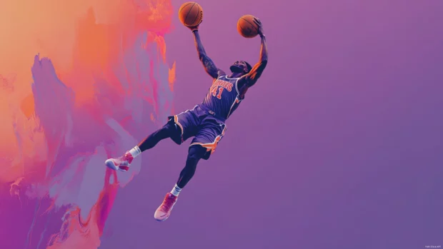 A dynamic player mid air shot perfect for sports fans searching best basketball 4K wallpapers.