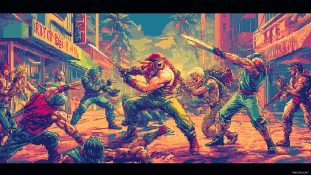A dynamic retro gaming wallpaper featuring pixelated enemies and heroes in a classic side scrolling battle scene, highlighted by vibrant neon details.