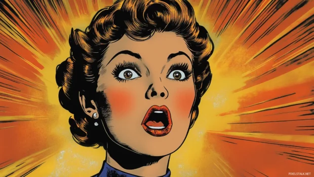 A dynamic retro pop art wallpaper showcasing a vintage comic panel with exaggerated expressions, vibrant primary colors, and sharp linework, Retro style.