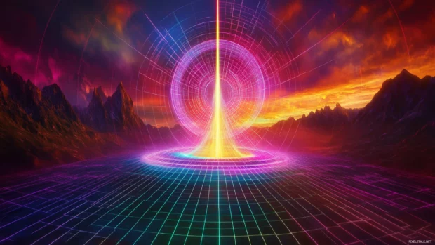 A dynamic retrowave neon grid with a glowing vortex at the horizon, surrounded by colorful neon lights and energy waves, Retro style.