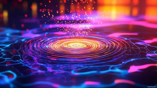 A dynamic retrowave neon grid with a glowing vortex at the horizon, surrounded by colorful neon lights and energy waves, Retro style.